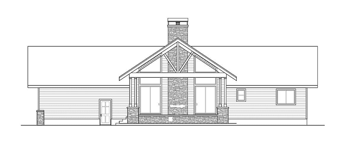 House plan exterior drawing of a one-story home with a prominent stone chimney, gabled roof, and covered porch.