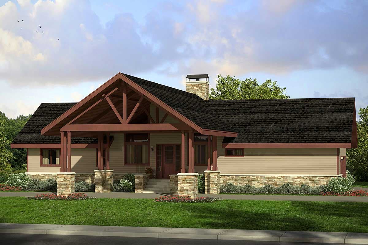 House plan exterior: Craftsman style, single-story with stone accents, prominent covered porch, exposed rafters, and gabled roof.