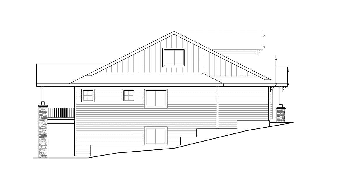 House plan exterior elevation. Gable end with dormer window, siding, covered porch with stone columns, and stepped foundation.