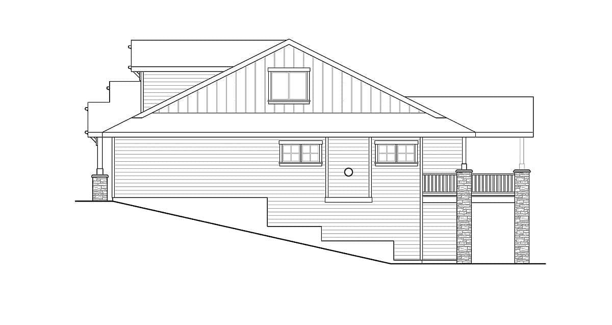 House plan side elevation showing a two-story house with a gable roof, front porch with stone columns, and tiered exterior stairs.