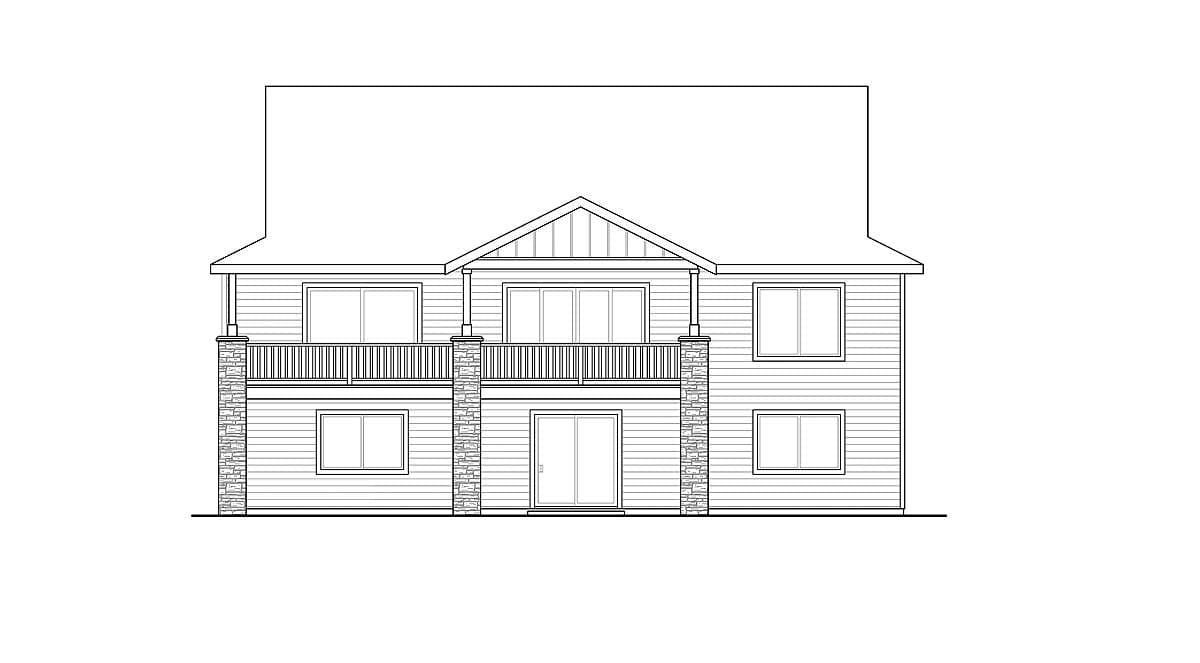 House plan exterior drawing of a two-story home with a central gable, upper balcony, and stone-clad porch supports.