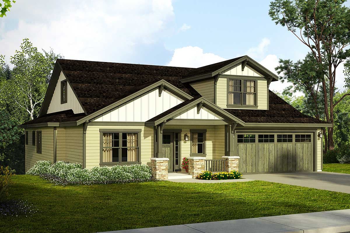 House plan exterior: Two-story Modern Farmhouse with front-gabled entry, stone-clad porch supports, and two-car garage.