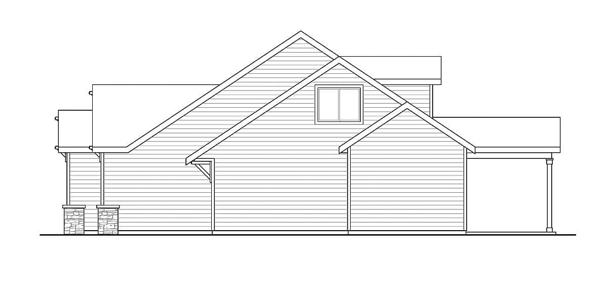 House plan exterior: Two-story Modern Farmhouse with gabled rooflines, stone-clad porch supports, and covered entry.
