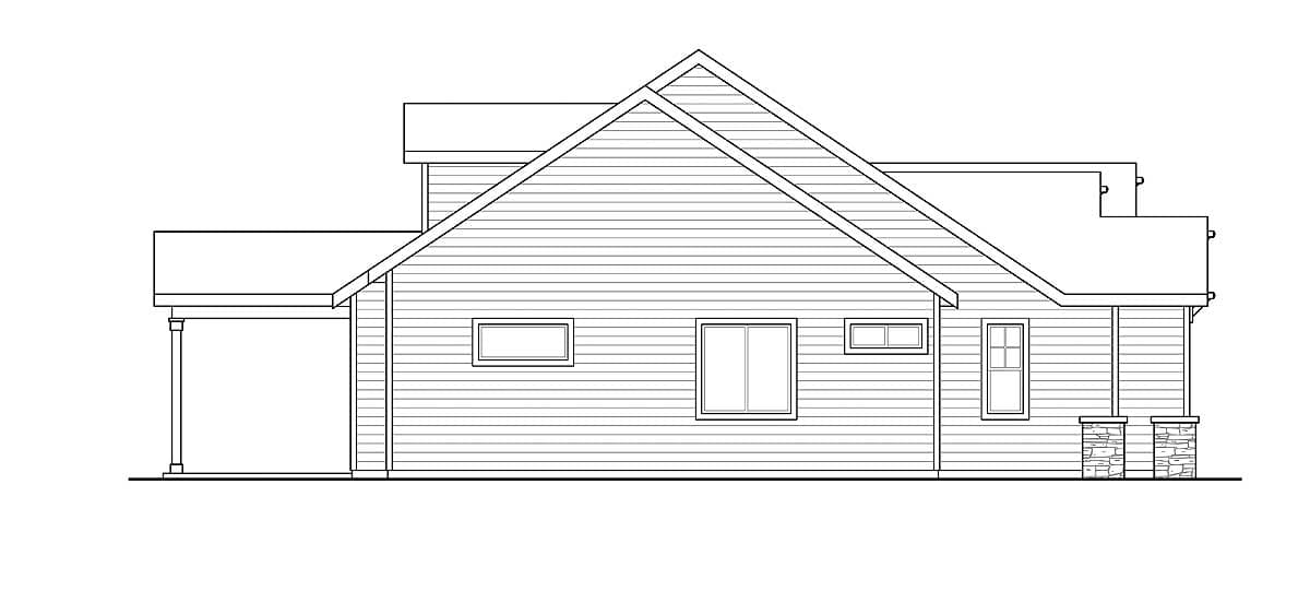 House plan exterior, one story, features a covered porch with stone supports, gabled roof, and horizontal siding.