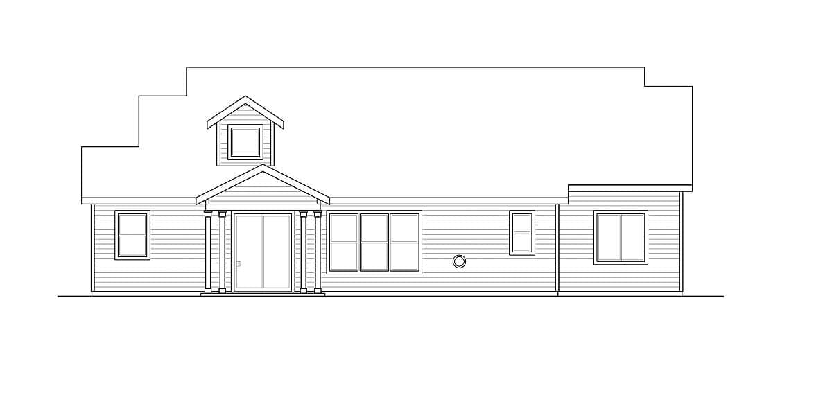 House plan exterior: a two-story home with a prominent dormer, a gabled entry, and horizontal siding.