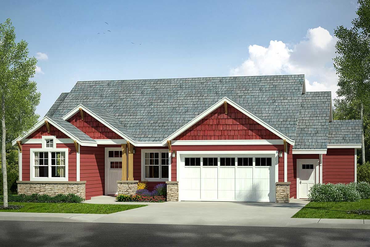 House plan exterior: One-story Modern Farmhouse with a gray shingle roof, red siding, stone accents, and a two-car garage.