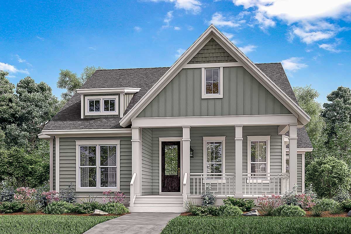 House plan exterior: Two-story Modern Farmhouse with a covered front porch, dormer window, and prominent gable.