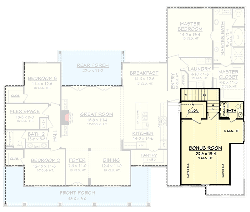 Plan 51745HZ: Country House Plan with Flex Space and Bonus Room - 2469 Sq Ft - Floor Plan - Bonus - Country, Farmhouse, Traditional