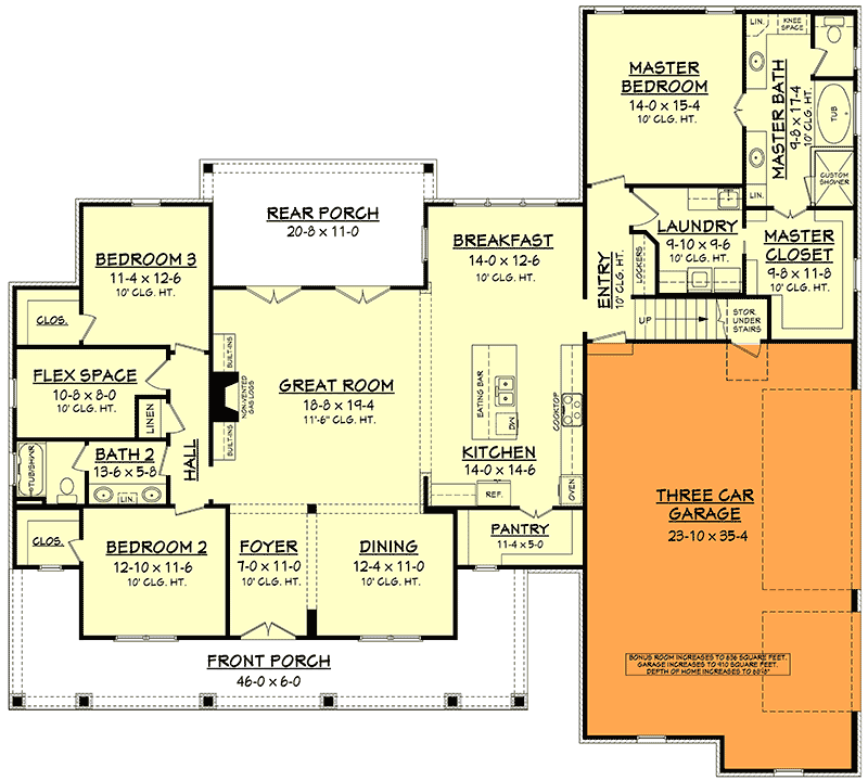 Plan 51745HZ: Country House Plan with Flex Space and Bonus Room - 2469 Sq Ft - Floor Plan - 3-Car Garage Option - Country, Farmhouse, Traditional