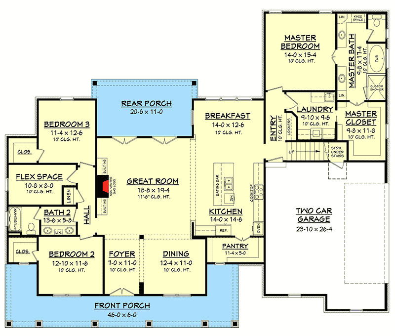 Plan 51745HZ: Country House Plan with Flex Space and Bonus Room - 2469 Sq Ft - Floor Plan - Main Level - Country, Farmhouse, Traditional