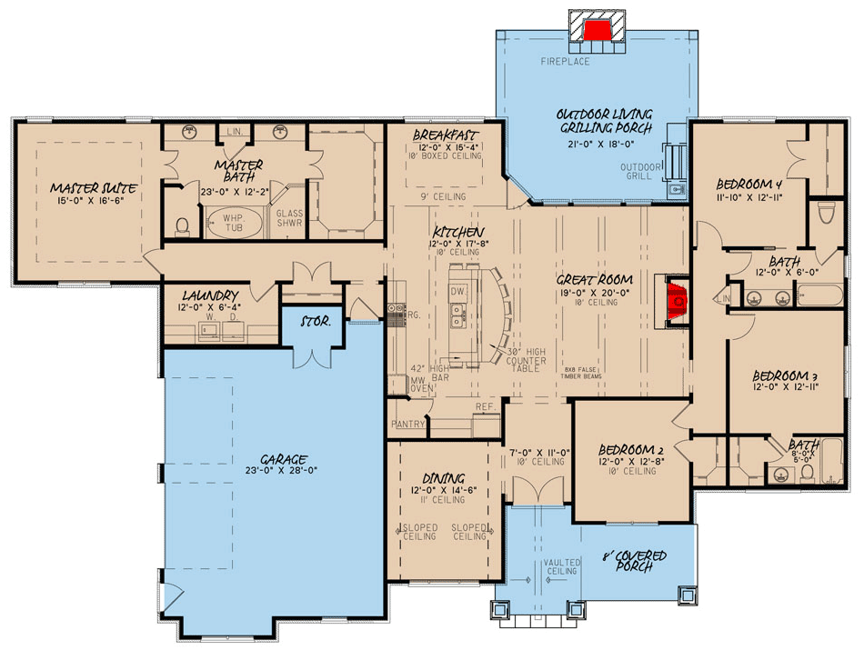 Plan 70530MK: 4 Bed Southern Craftsman with Side-Load Garage - 2676 Sq Ft - Floor Plan - Main Level - Craftsman, Rustic, Southern