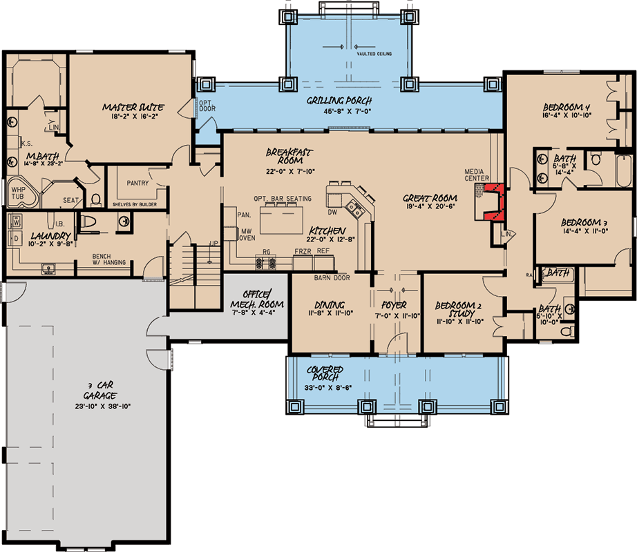 Plan 70531MK: Mountain Style 4 Bedroom House Plan with 2 Bonus Rooms - 3101 Sq Ft - Floor Plan - Main Level - Bungalow, Country, Craftsman, Mountain