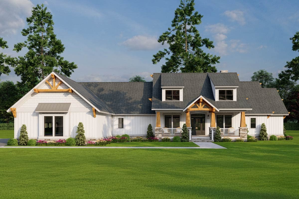 House plan exterior. Modern Farmhouse style, one-story. Features include gables, covered porch with columns, and dormers.