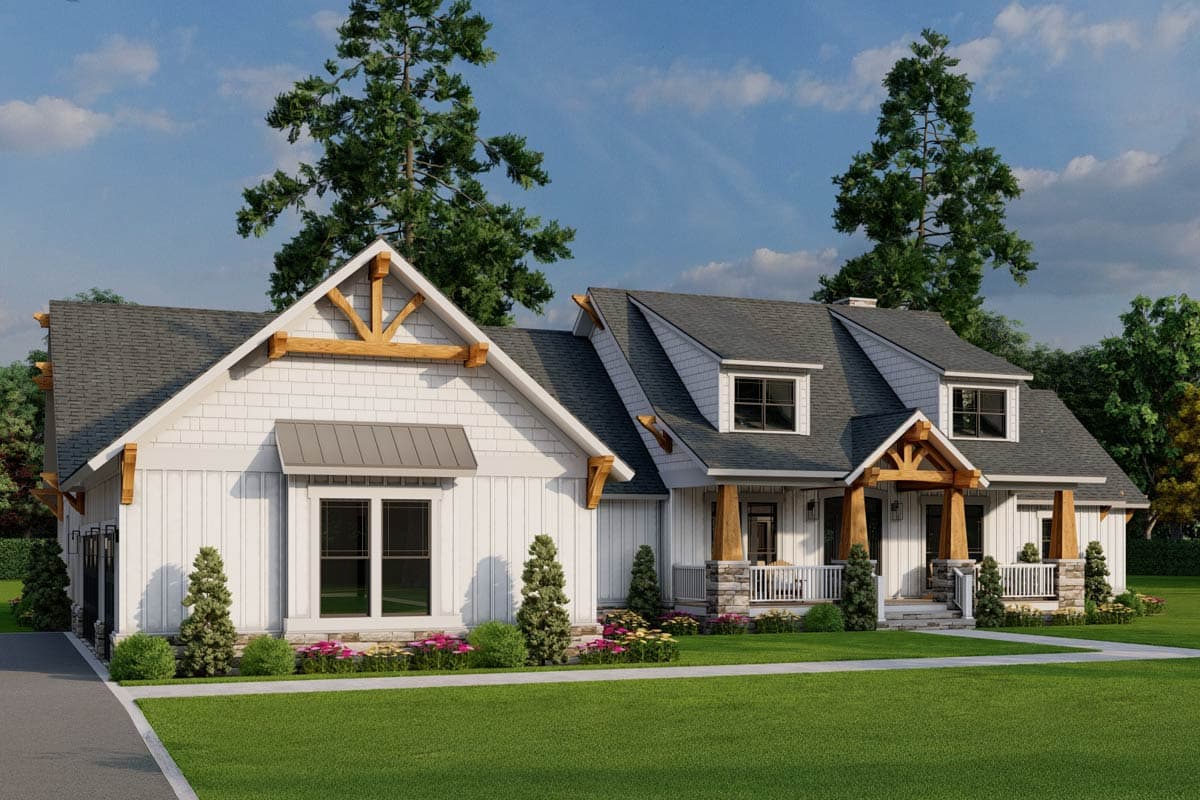House plan exterior of a two-story Modern Farmhouse with gables, dormers, prominent wooden beams, and a covered front porch with stone accents.