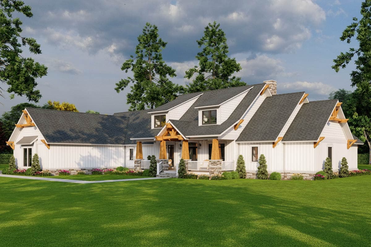 Modern Farmhouse style house plan exterior with gabled dormers, wide eaves, stone foundation, and covered front porch with timber supports.