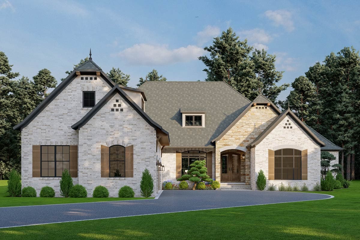 House plan exterior: Modern Farmhouse with white brick, stone accents, gable roofs, dormer window, and a prominent entry.
