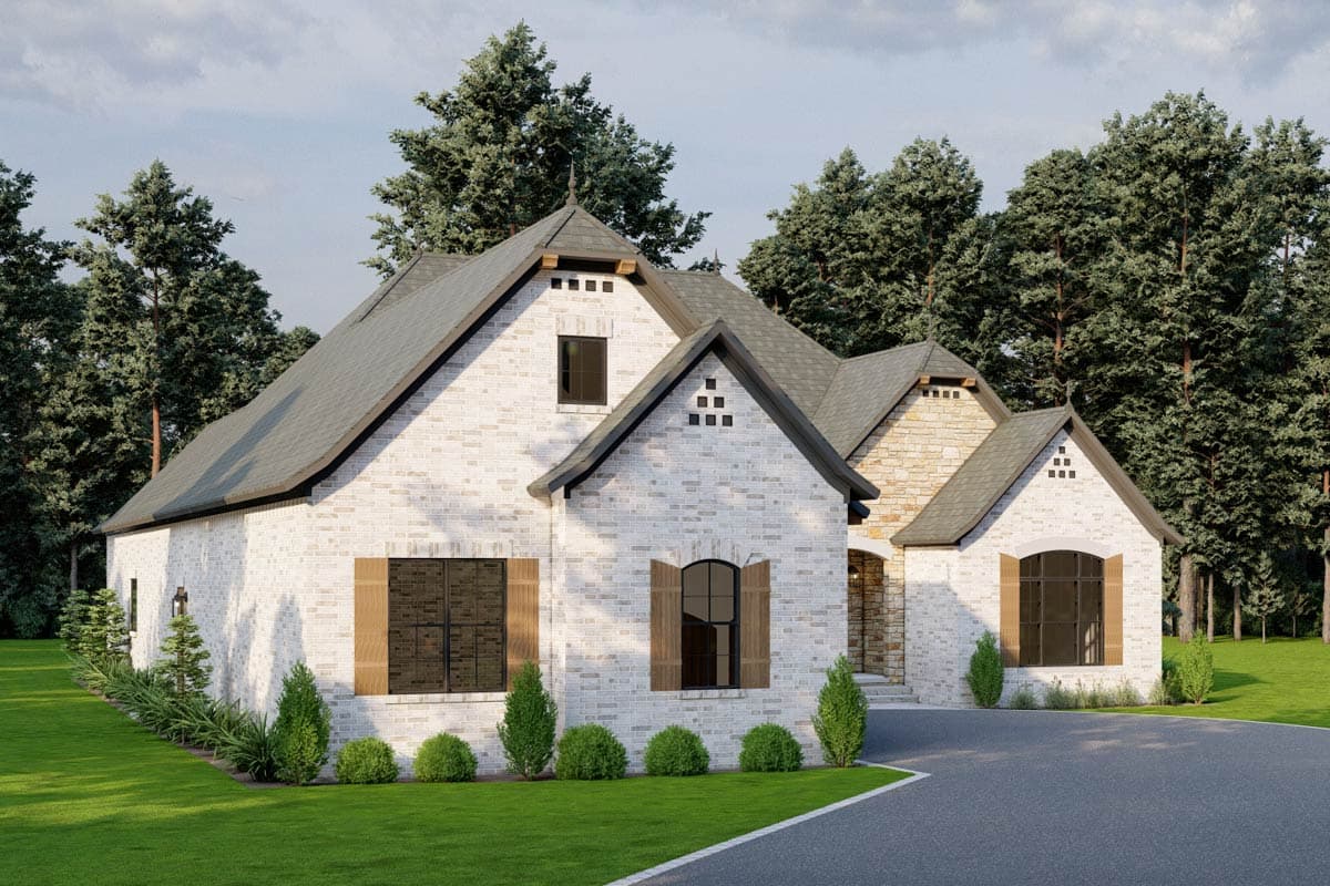 House plan exterior: Modern European style with white brick, stone accents, multiple gables, arched windows, and wood shutters.