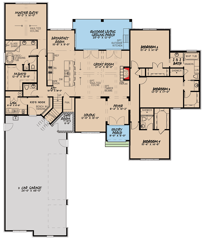 Plan 70533MK: 4-Bedroom Brick and Stone House Plan with Optionally Finished Bonus Room - 2849 Sq Ft - Floor Plan - Main Level - European, French Country