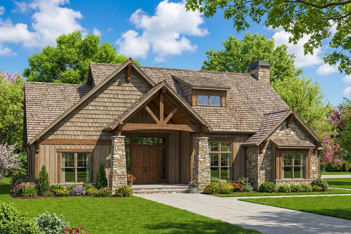 Craftsman house plan exterior with stone and wood siding, prominent gables, covered entry with exposed beams, and dormer.