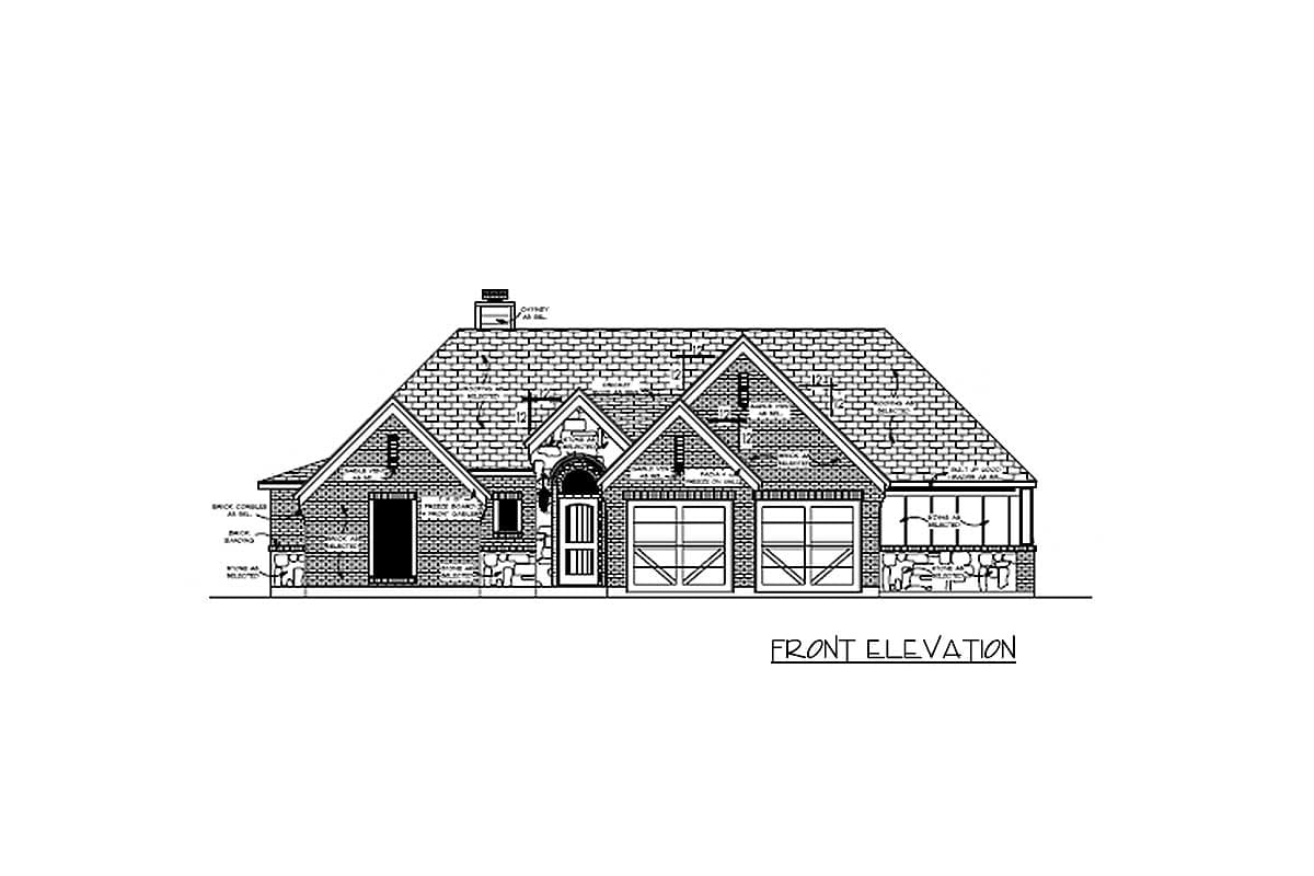 Front elevation house plan with brick and stone facade, arched entry, and two-car garage.
