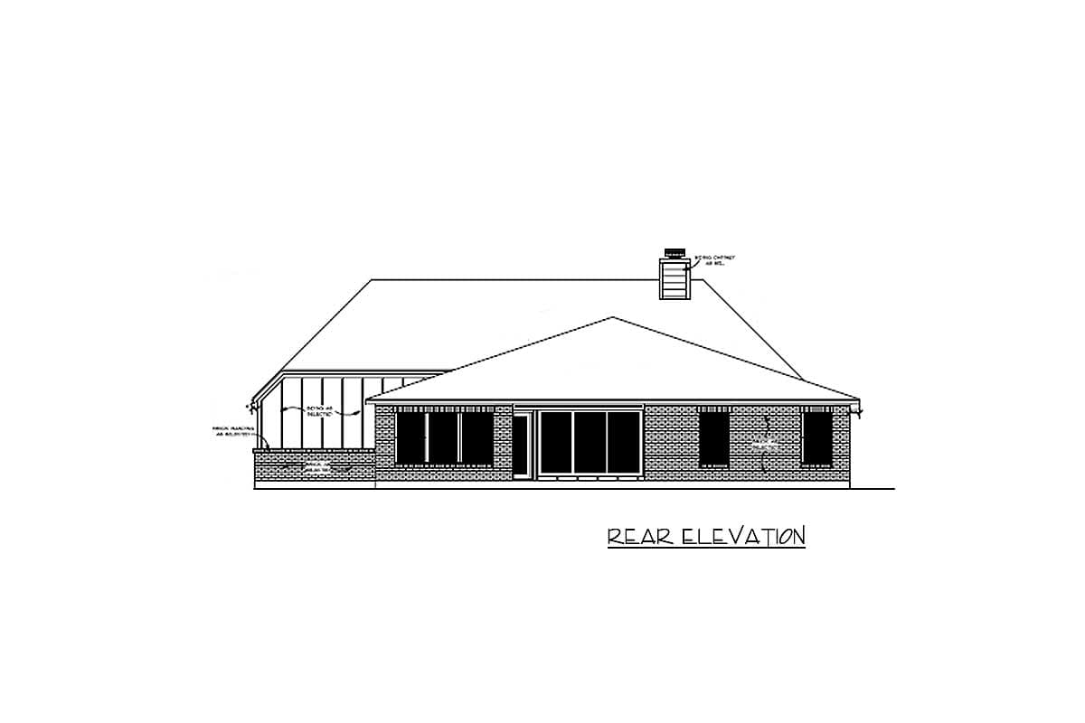 Rear elevation drawing of a one-story house with a gable roof, brick exterior, chimney, and a sunroom with large windows.