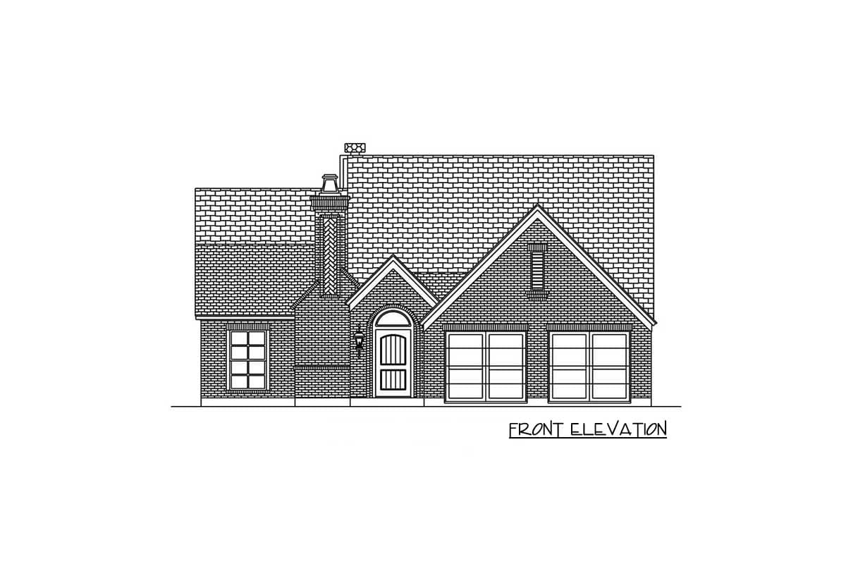 Front elevation drawing of a one-story house with a prominent brick chimney, arched entryway, and multiple multi-paned windows.
