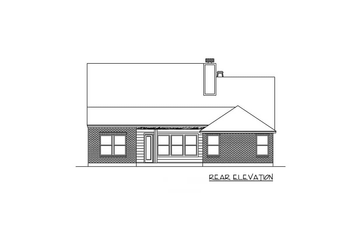 Rear elevation drawing of a single-story house plan with a brick facade, prominent roofline, and central windowed section.