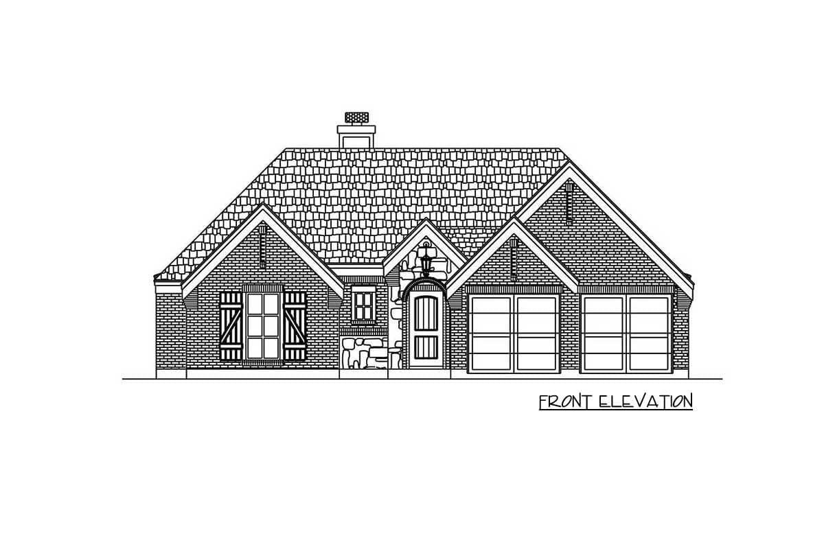 Front elevation house plan with brick exterior, prominent gables, shutters, and a three-car garage.