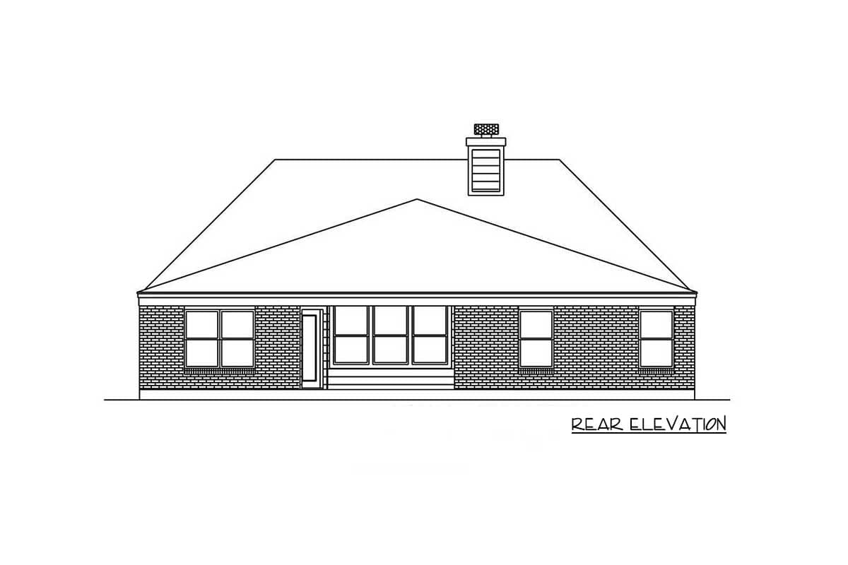 Rear elevation drawing of a one-story house with a brick facade, a gable roof, a chimney, and several windows.