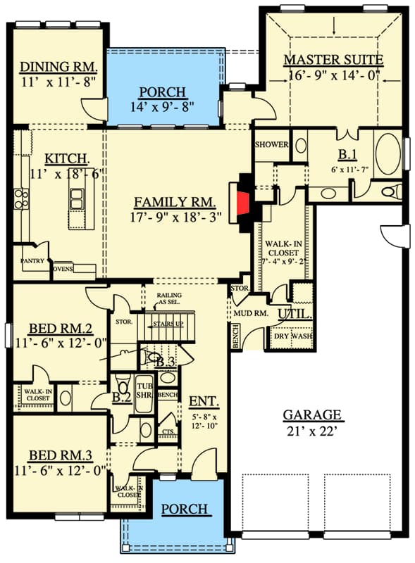Plan 915016CHP: Four Bedrooms in a Narrow Lot Home Plan - Floor Plan - Main Level - Hill Country, Northwest, Traditional