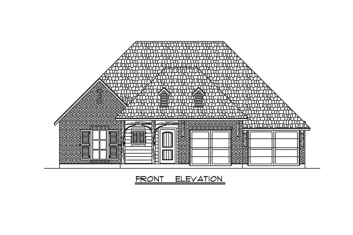 Front elevation drawing of a one-story house with a prominent gable, dormers, and a two-car garage.
