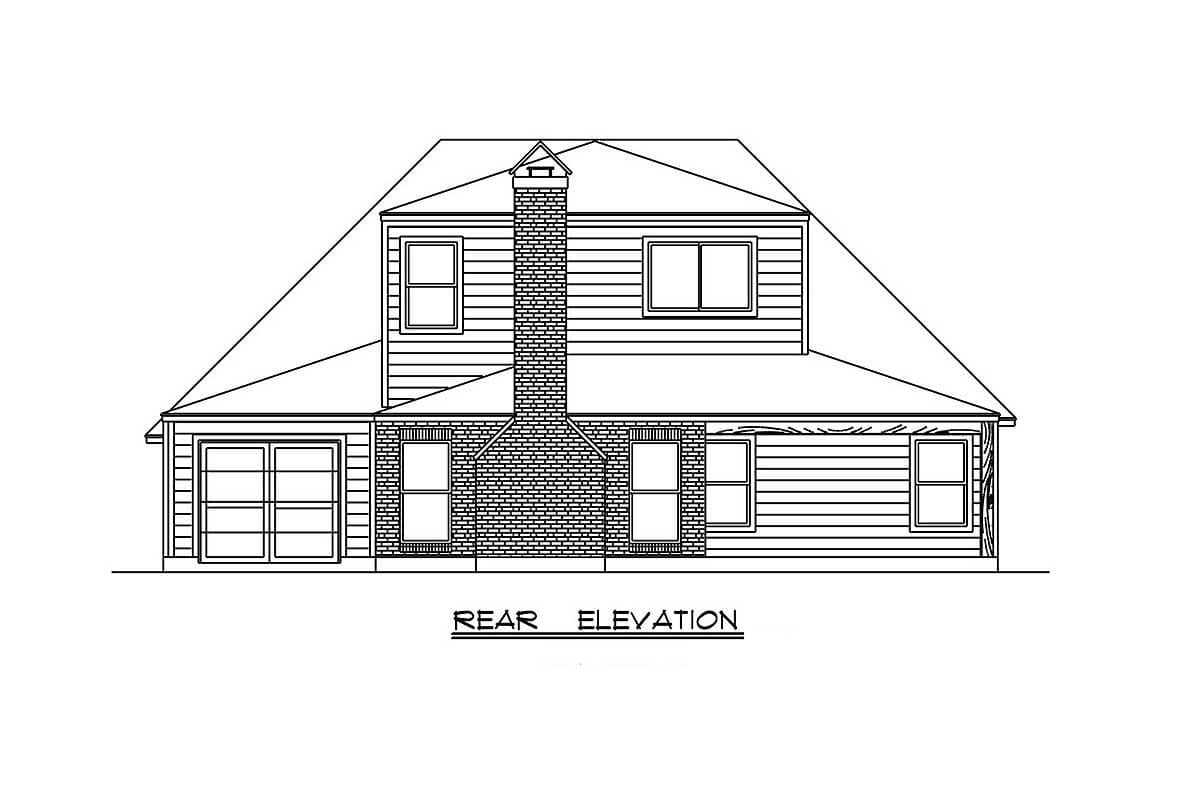 Rear elevation drawing of a two-story house with a prominent brick chimney, siding, and a two-car garage.