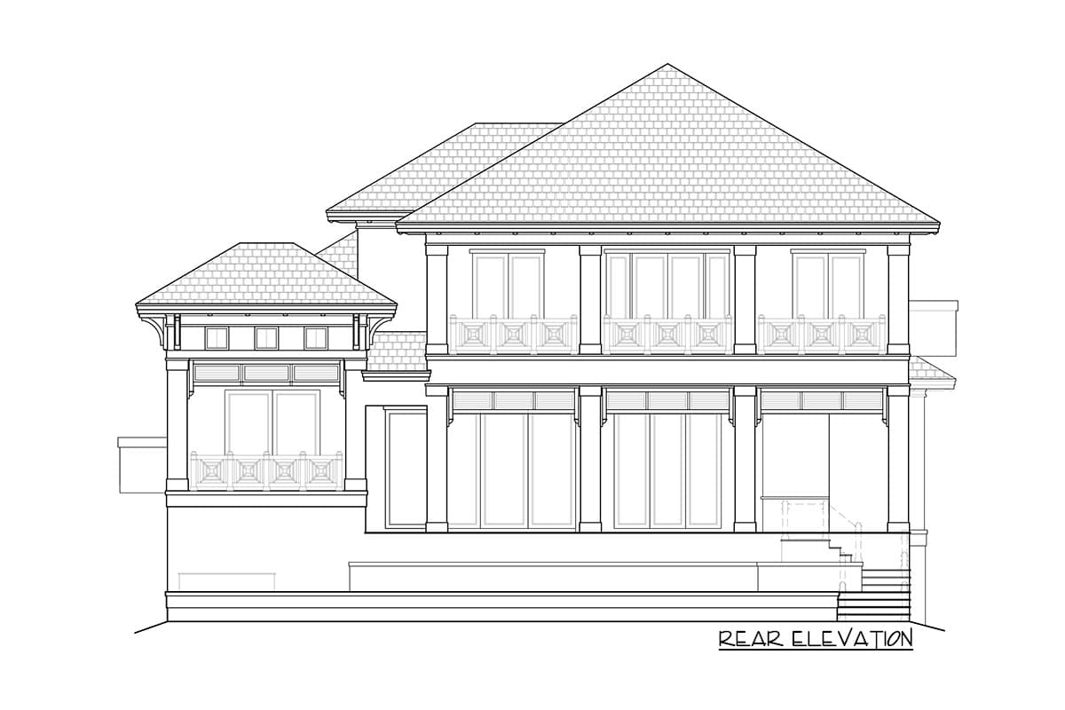 Rear elevation architectural drawing of a two-story house plan with multiple balconies and large ground-level windows.