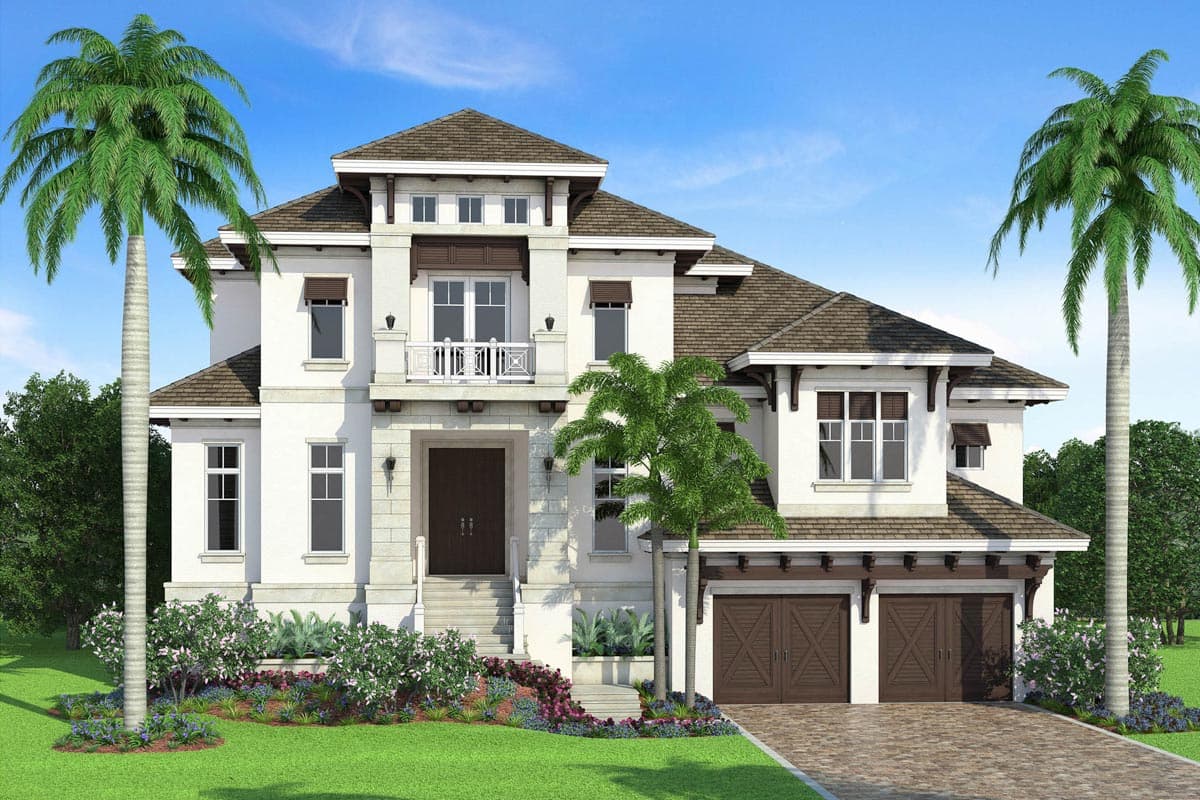 Two-story house plan exterior featuring a Mediterranean style. Includes a balcony, gable roof, covered garage, and multi-paned windows.