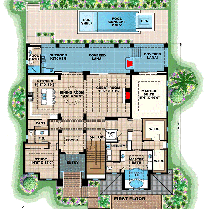 Plan 66373WE: Beautiful Views from Practically Every Room - Floor Plan - Main Level - Coastal, Coastal Contemporary, Florida-Style, Southern, Transitional