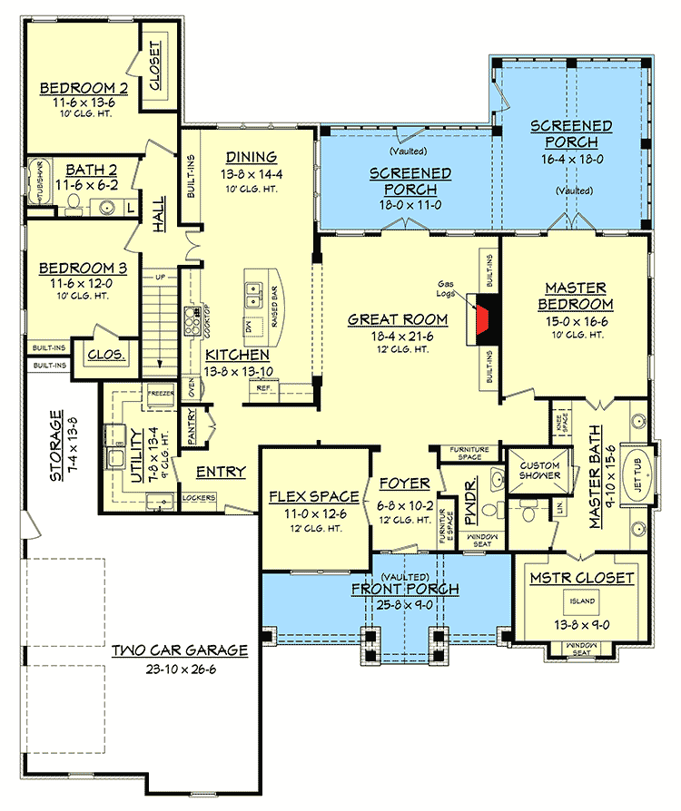 Plan 51746HZ: Craftsman House Plan with Rustic Exterior and Bonus Above the Garage - 2597 Sq Ft - Floor Plan - Main Level - Cottage, Country, Craftsman, New American, Rustic, Traditional