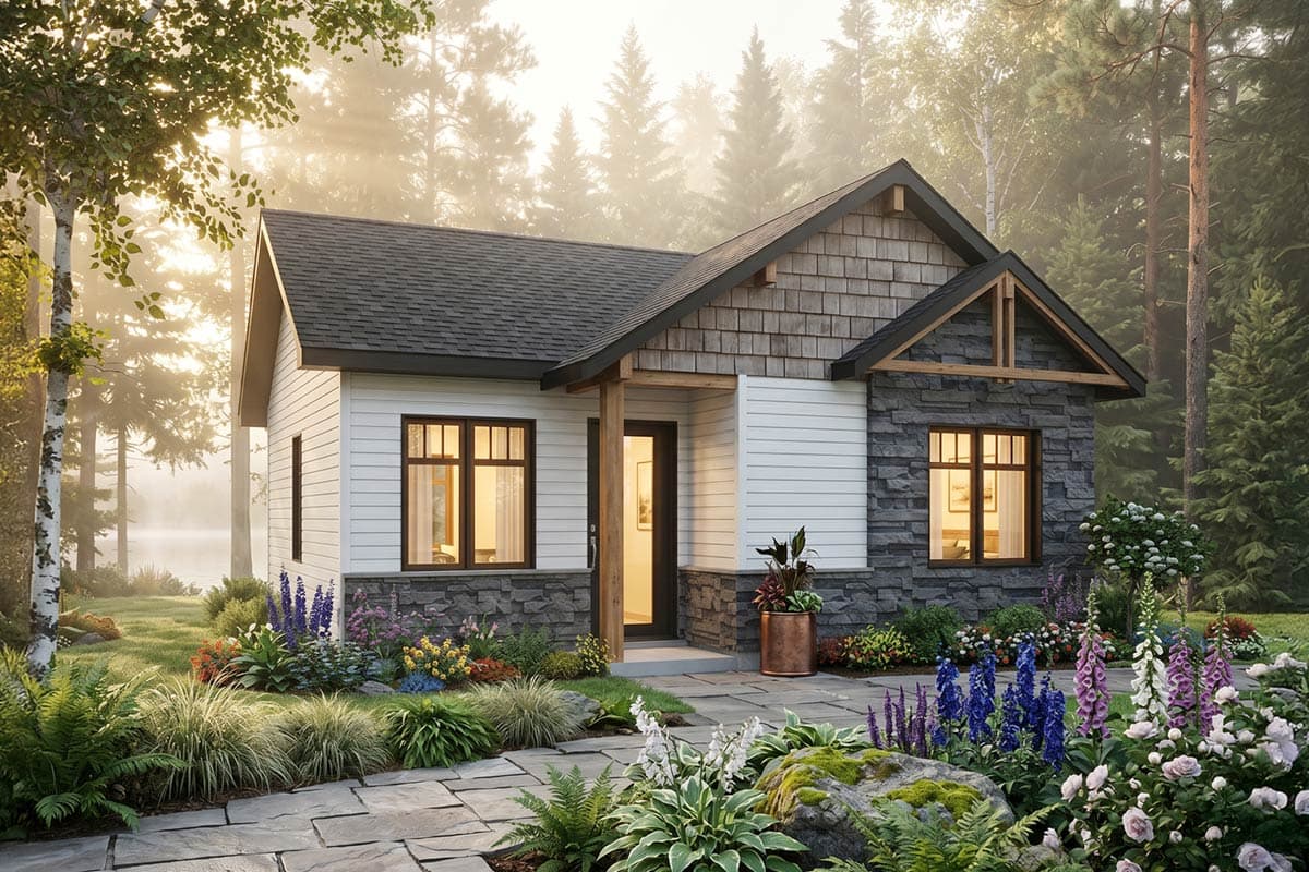 House plan exterior. One-story Craftsman home with a gabled roof, stone facade accents, and a covered front entry.