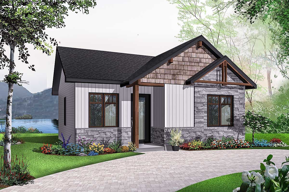 House plan exterior: One-story home with stone and vertical siding, prominent gables, and a covered entry with wood posts.