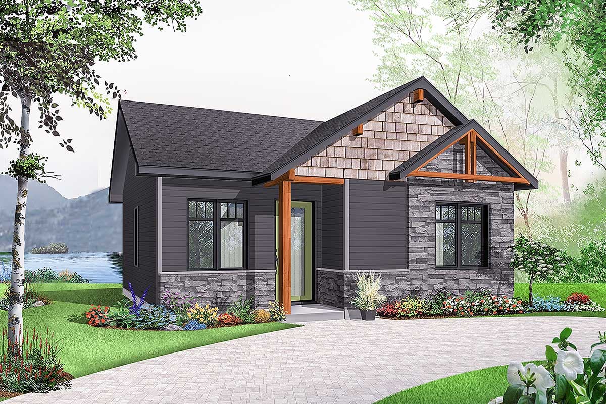 House plan exterior: single-story Modern Farmhouse with stone and siding, gabled dormer, and covered entry.
