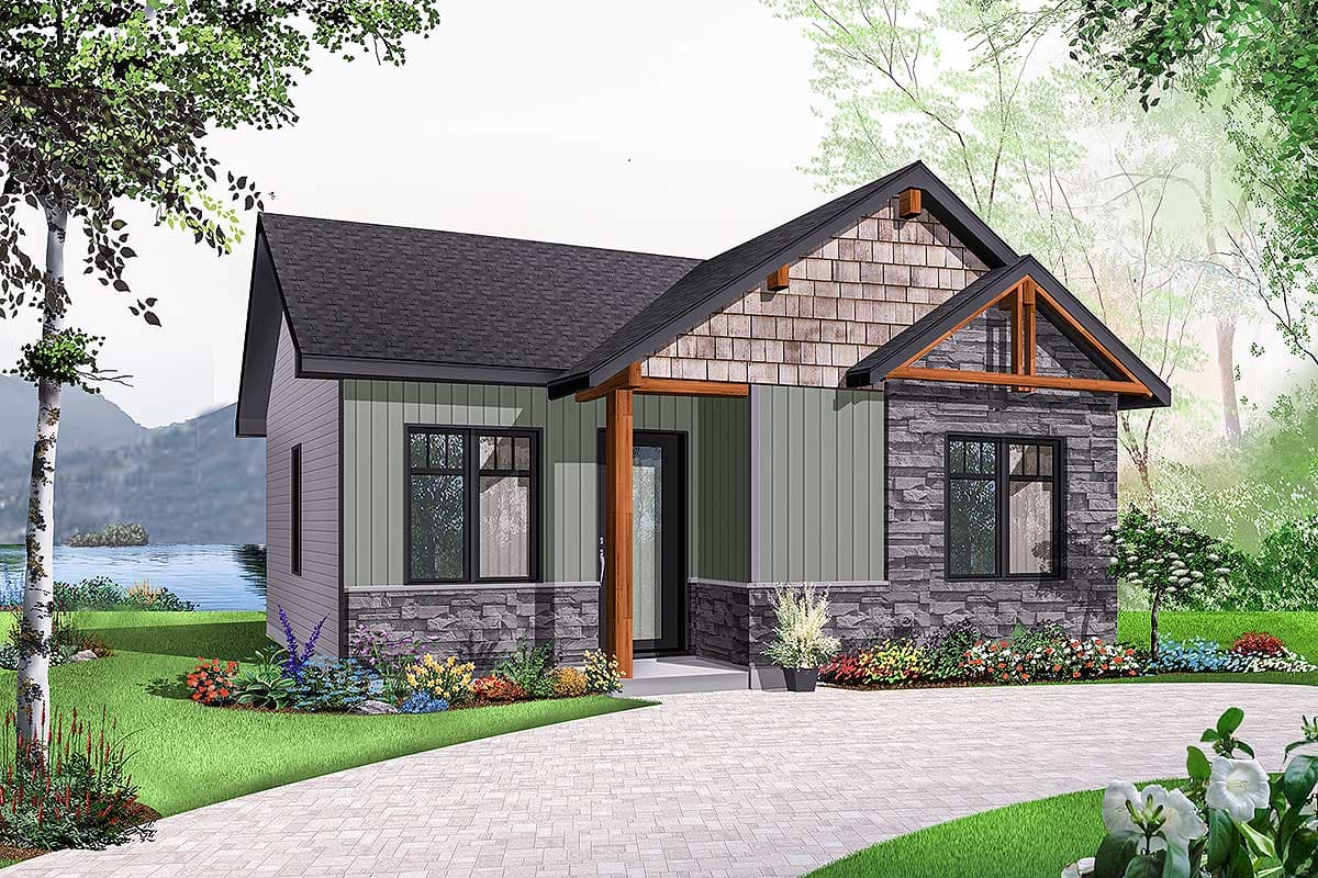 Modern house plan exterior with stone and vertical siding, gabled roof, and covered entry.