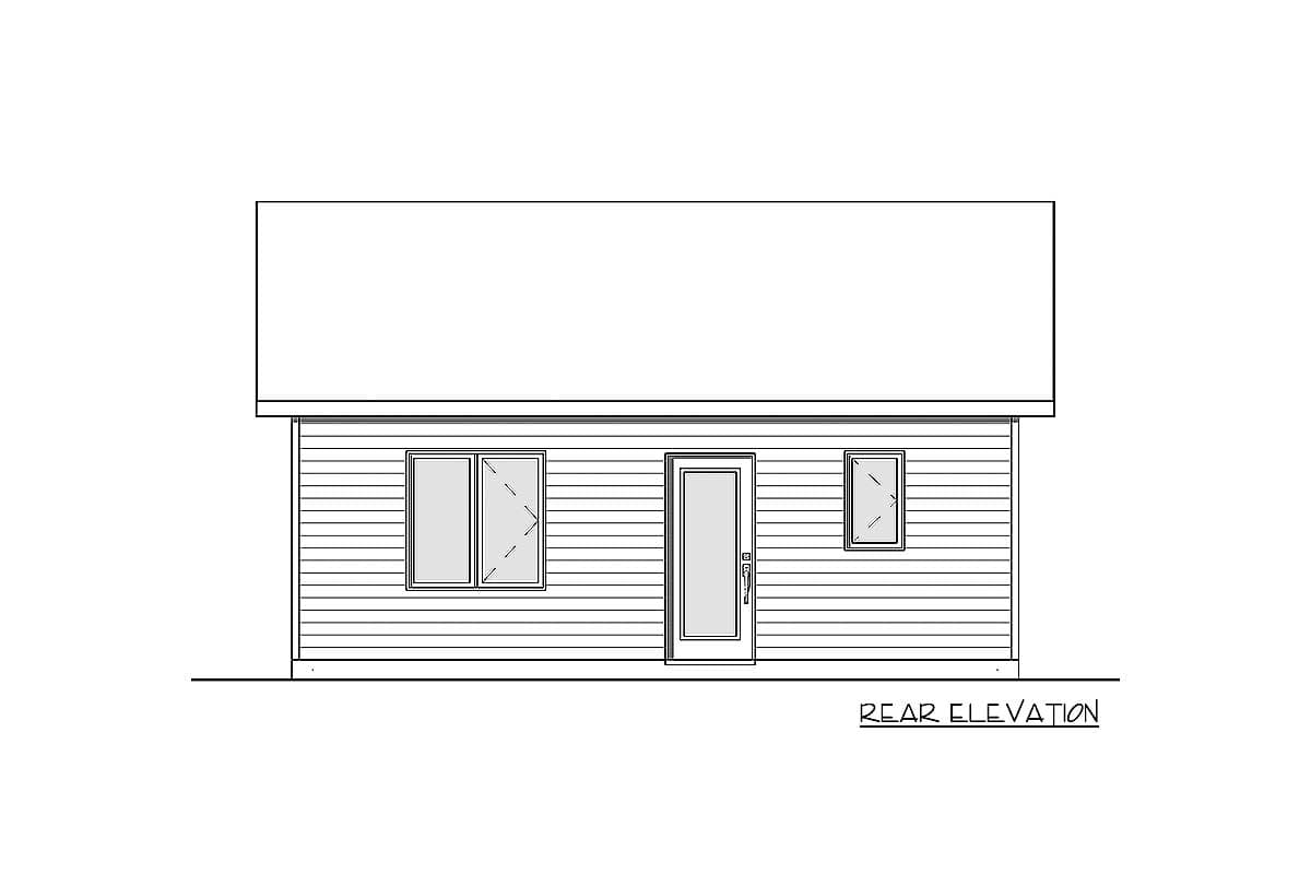 Rear elevation drawing showing horizontal siding, one door, and two windows.