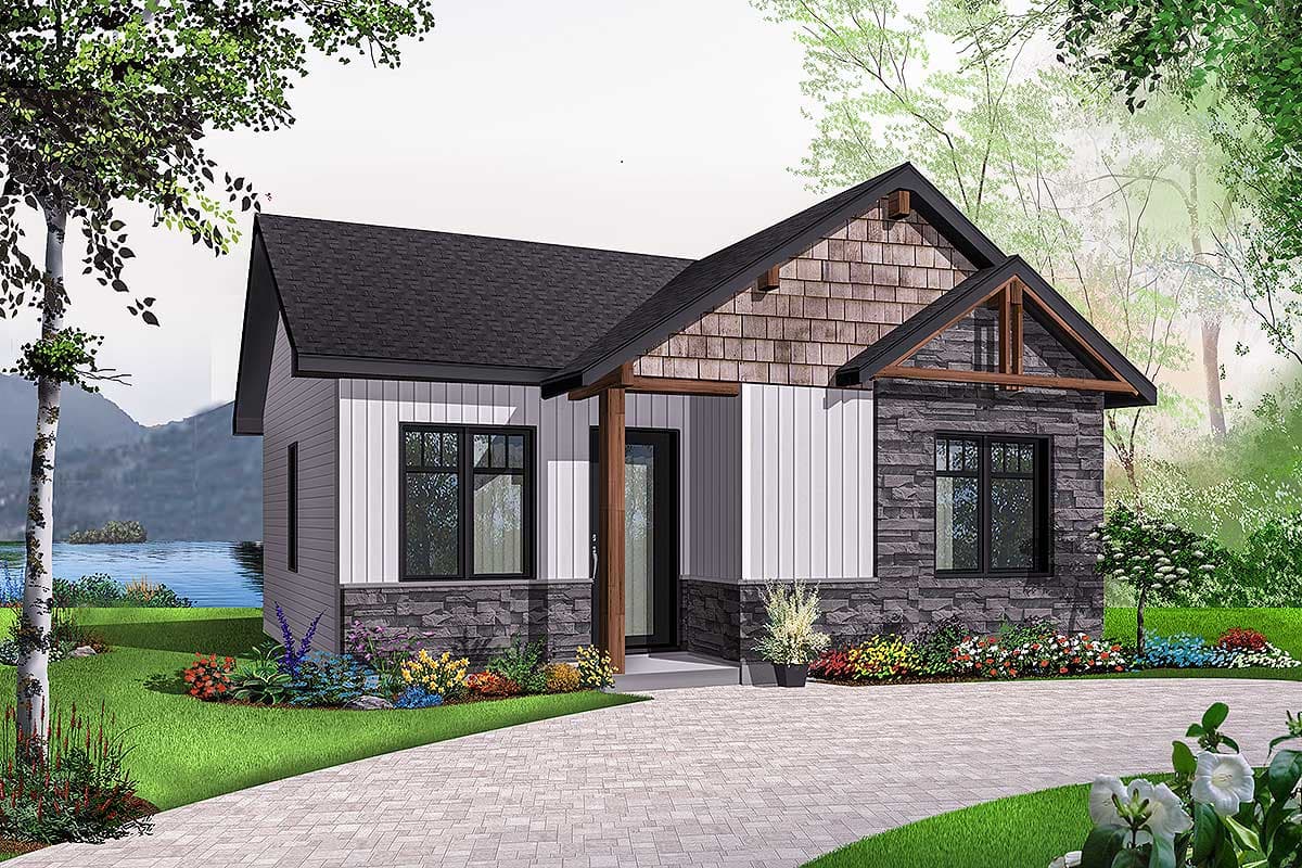 House plan exterior. One-story Craftsman home with a gabled roof, stone facade accents, and a covered front entry.