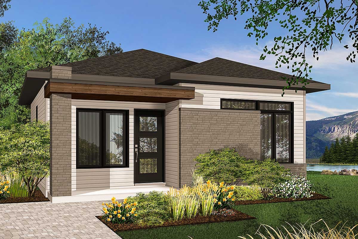 House plan exterior: Modern single-story with mixed brick and siding, exposed wood beam accent, and a glass-paneled door.