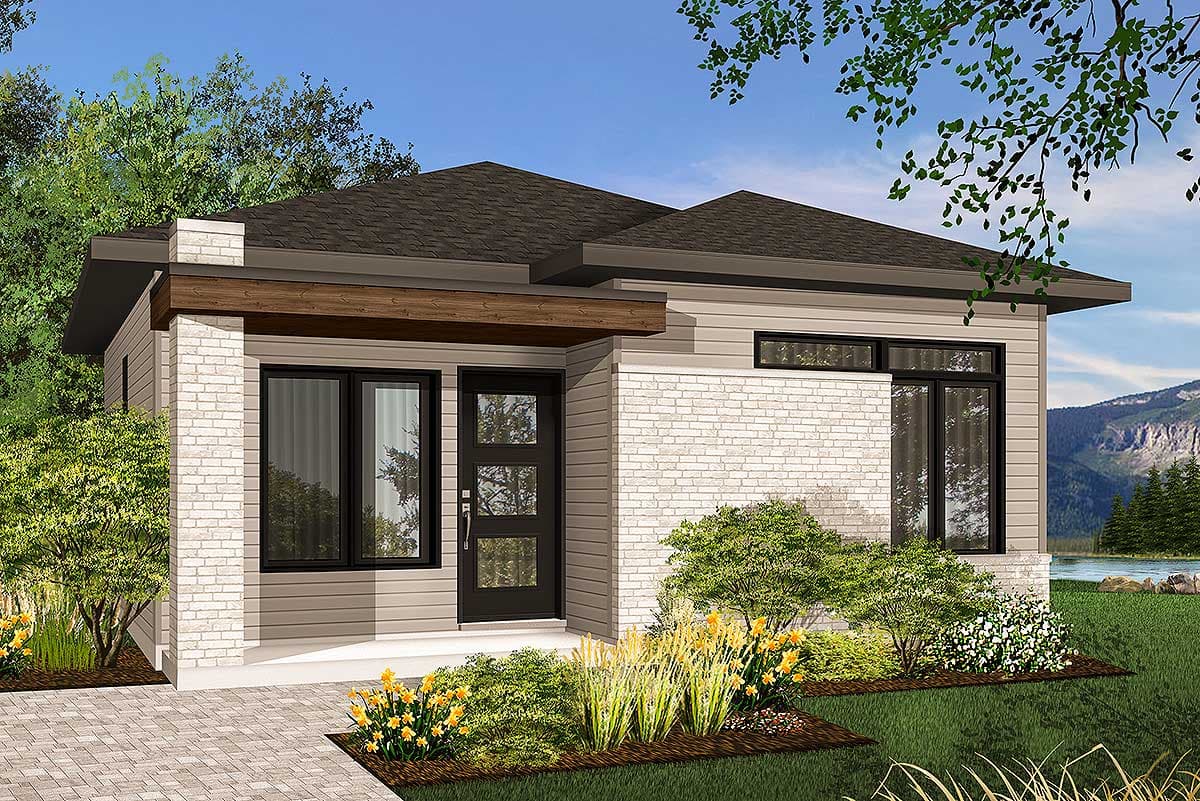 Modern house plan exterior with single story, mixed materials, gabled roof, and covered entry with wood beam.