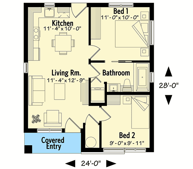 Plan 22456DR: Two Bedroom Tiny Modern House Plan  - Floor Plan - Main Level - Modern, Northwest