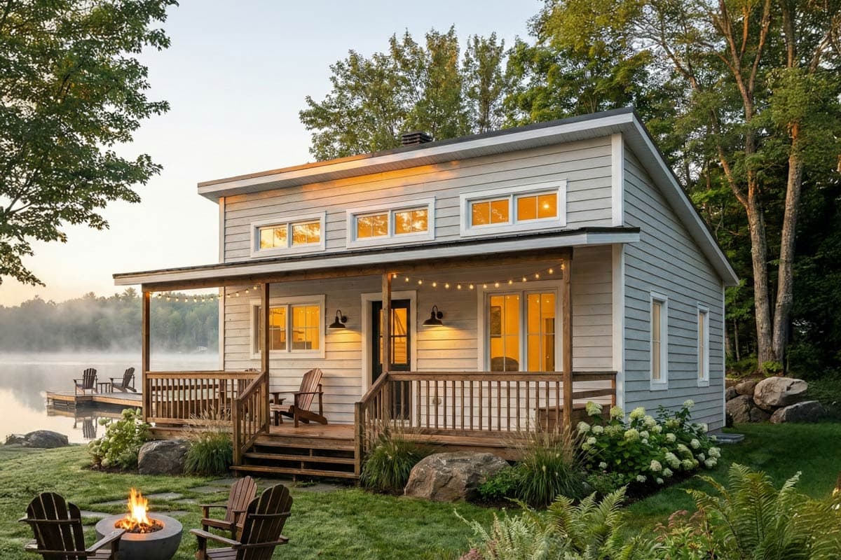 Modern house plan exterior with a wrap-around porch, horizontal siding, and a gable roof. Features include a central entrance and multiple windows.