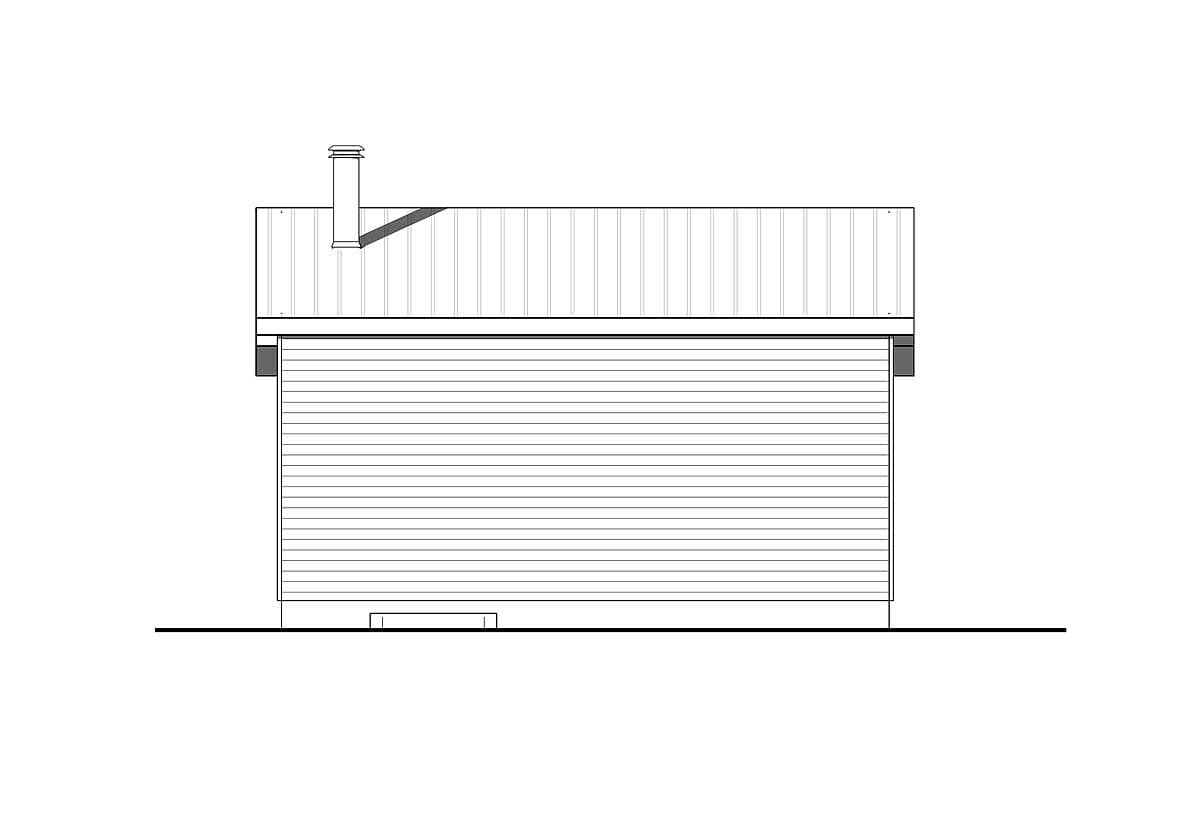 House plan side elevation drawing showing horizontal siding, a sloped roof with vertical lines, and a chimney.