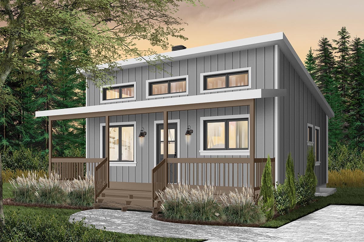 House plan exterior: Modern style, two stories, featuring a wrap-around porch, board-and-batten siding, and clerestory windows.