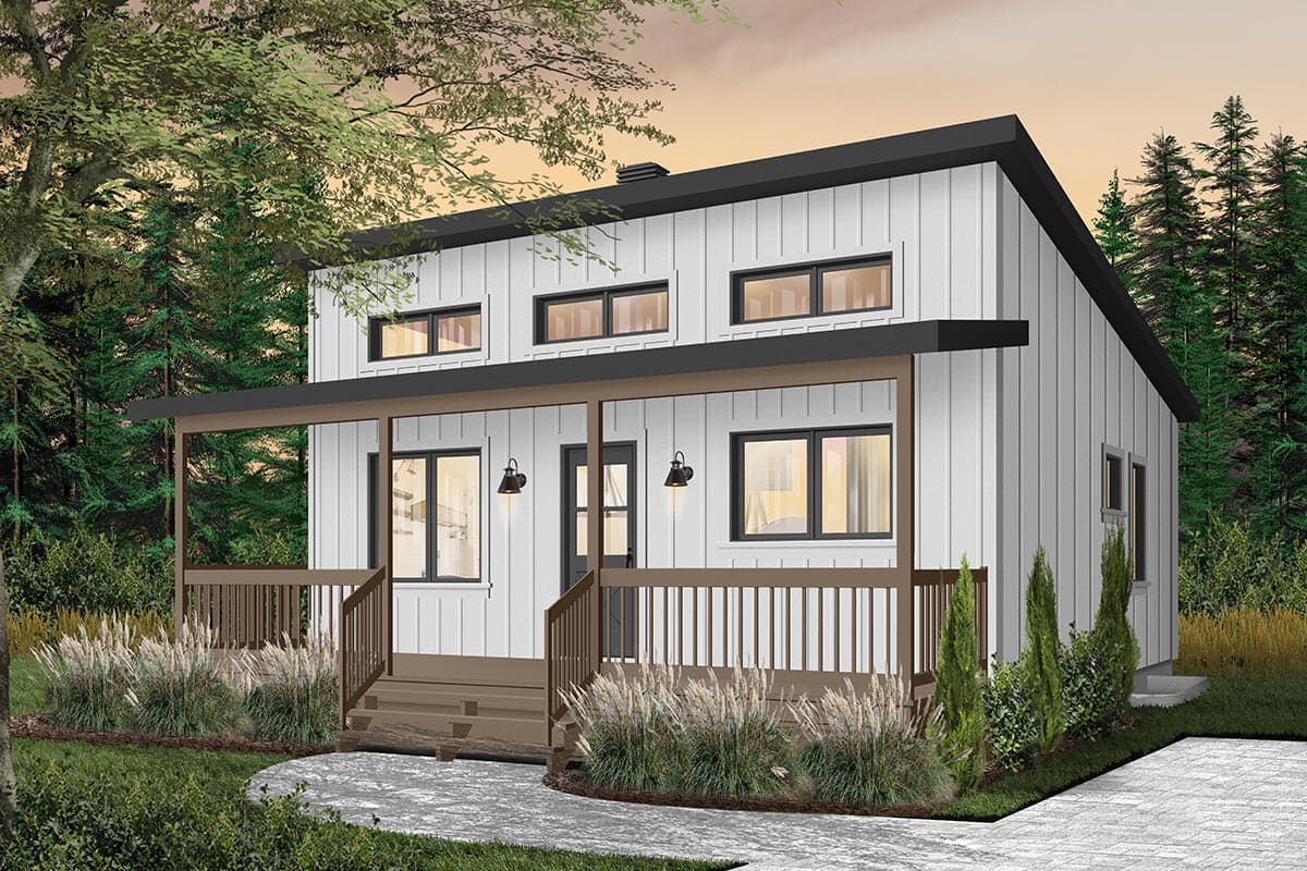 Modern house plan exterior with white vertical siding, wraparound porch, and multiple windows.