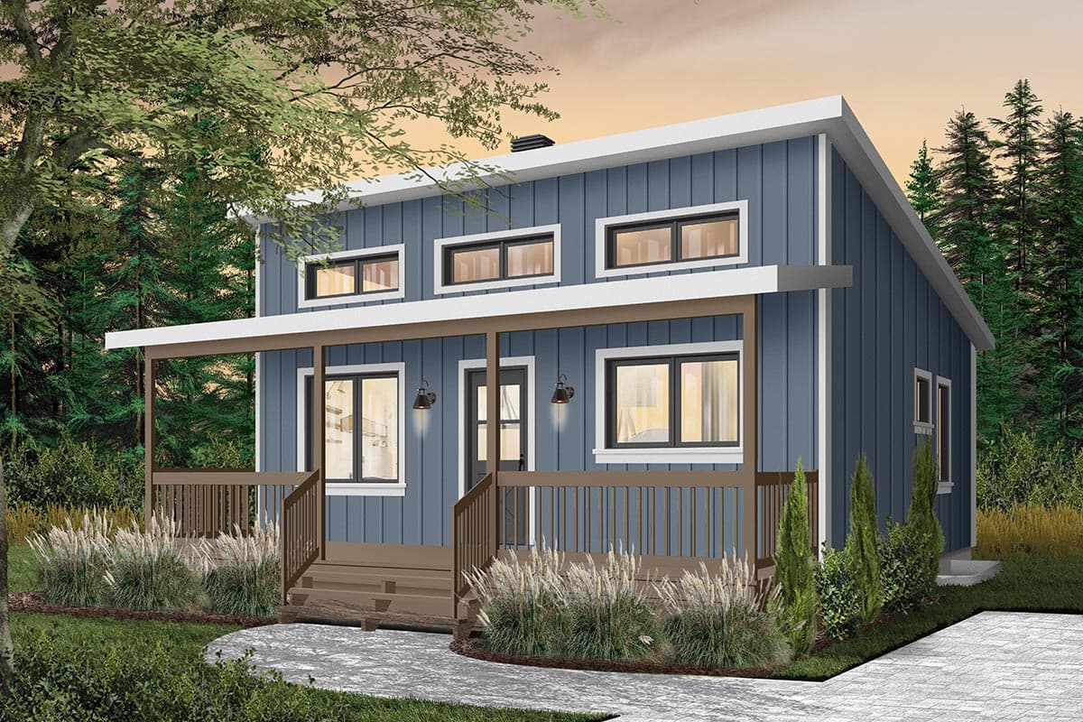 House plan exterior with two stories, a covered porch, and a flat roof. Features include a vertical siding and multiple rectangular windows.